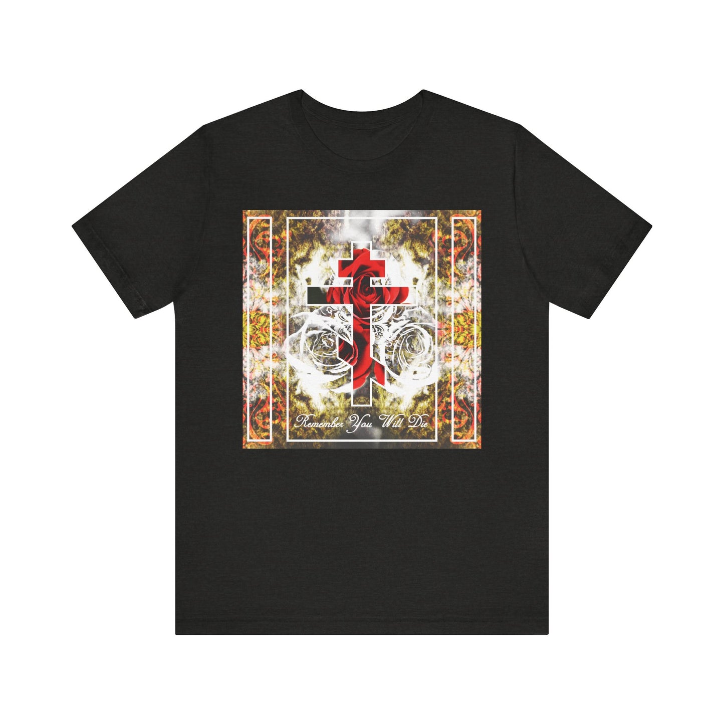 Black Heather unisex lightweight cotton tee featuring an elegant "Remember You Will Die" font with an Orthodox cross adorned with roses and a floral texture, inspired by the Memento Mori tradition. This classic short sleeve shirt offers all-day comfort and standout Christian style.