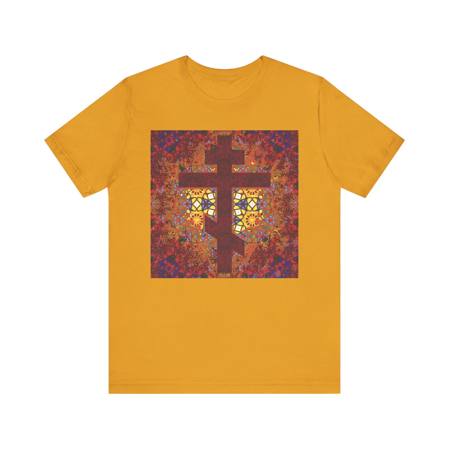 Introducing our Geometrical Pattern Stained Glass Orthodox Cross Design Christian Lightweight Cotton Unisex T-Shirt in mustard, featuring a square graphic inspired by stained glass floral motifs and an Orthodox cross, paired with an uplifting quote from Elder Ambrose of Optina.