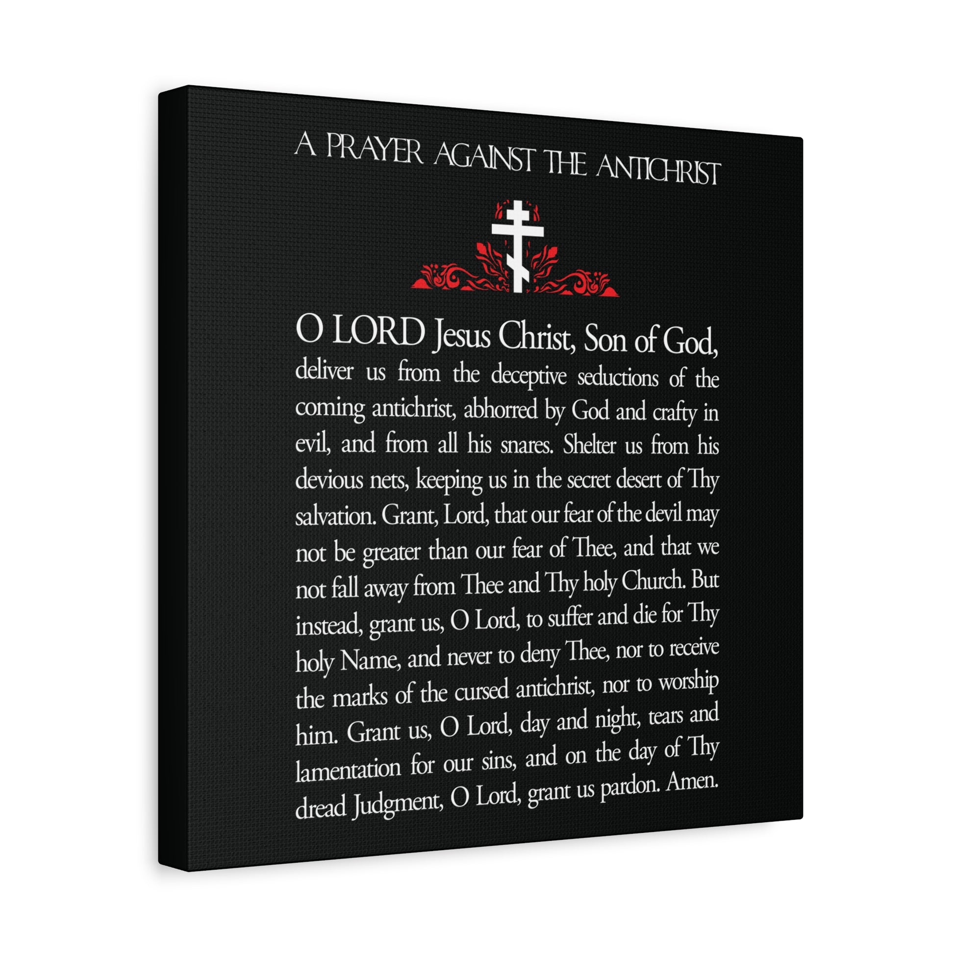 A canvas print titled "Prayer Against the Antichrist By Elder Anatoly the Younger of Optina | Christ is King | Book of Revelation," Orthodox Christian wall art with white text on a black background.