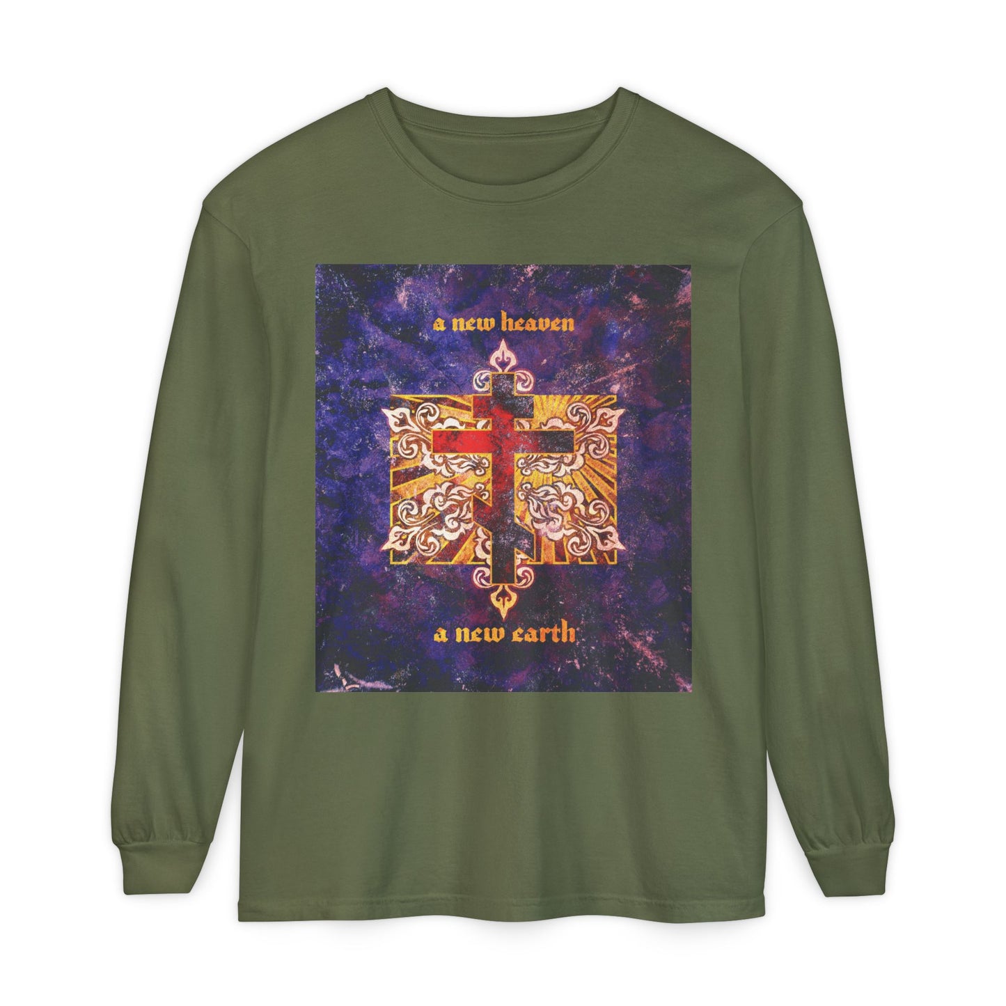 A New Heaven/A New Earth | Red Orthodox Cross on Textured Ornate Background | Red Blue & Gold Design | Orthodox Long Sleeve Cotton Shirt