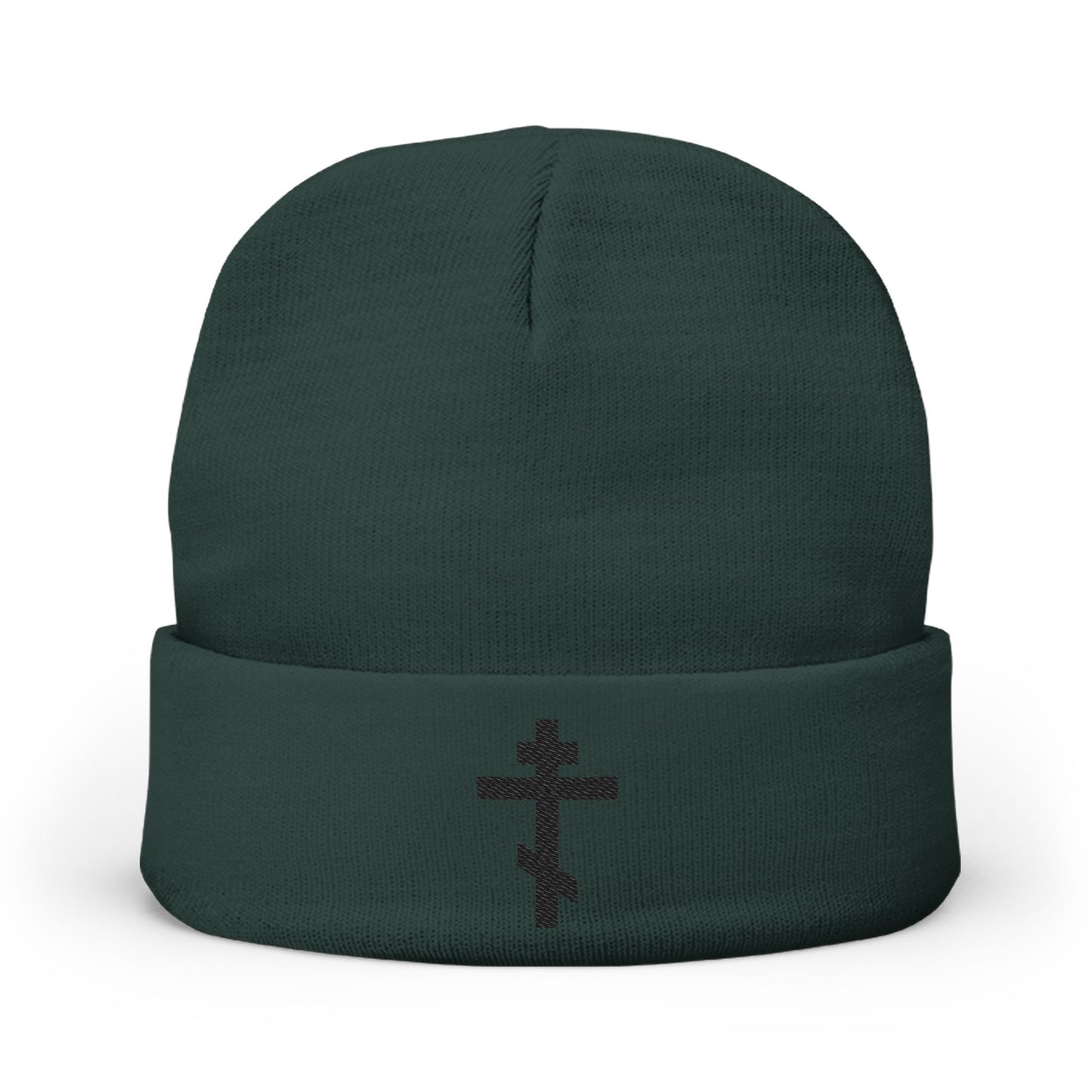 Dark green knit beanie featuring a black Orthodox TriBar Cross with "Nail My Passions to the Wood of Thy Precious Cross O Lord" embroidered on the front cuff. Orthodox Christian embroidered beanie.