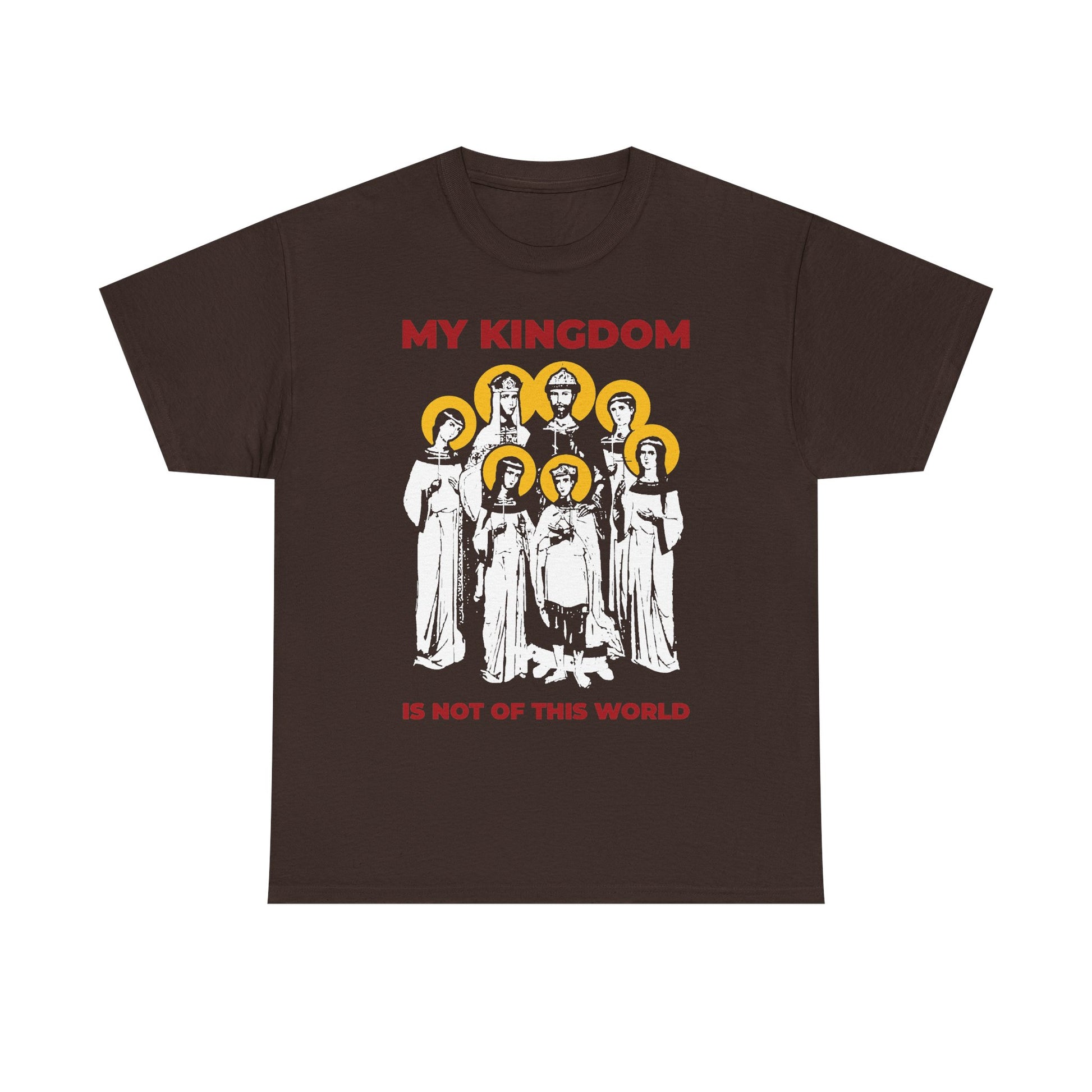 Dark Chocolate midweight cotton tee featuring six saint-like figures with yellow halos and the text “MY KINGDOM IS NOT OF THIS WORLD.” Inspired by Orthodox Christian iconography, the design honors the Romanov Royal Martyrs of Russia and Tsar Nicholas II, reflecting a profound spiritual heritage.
