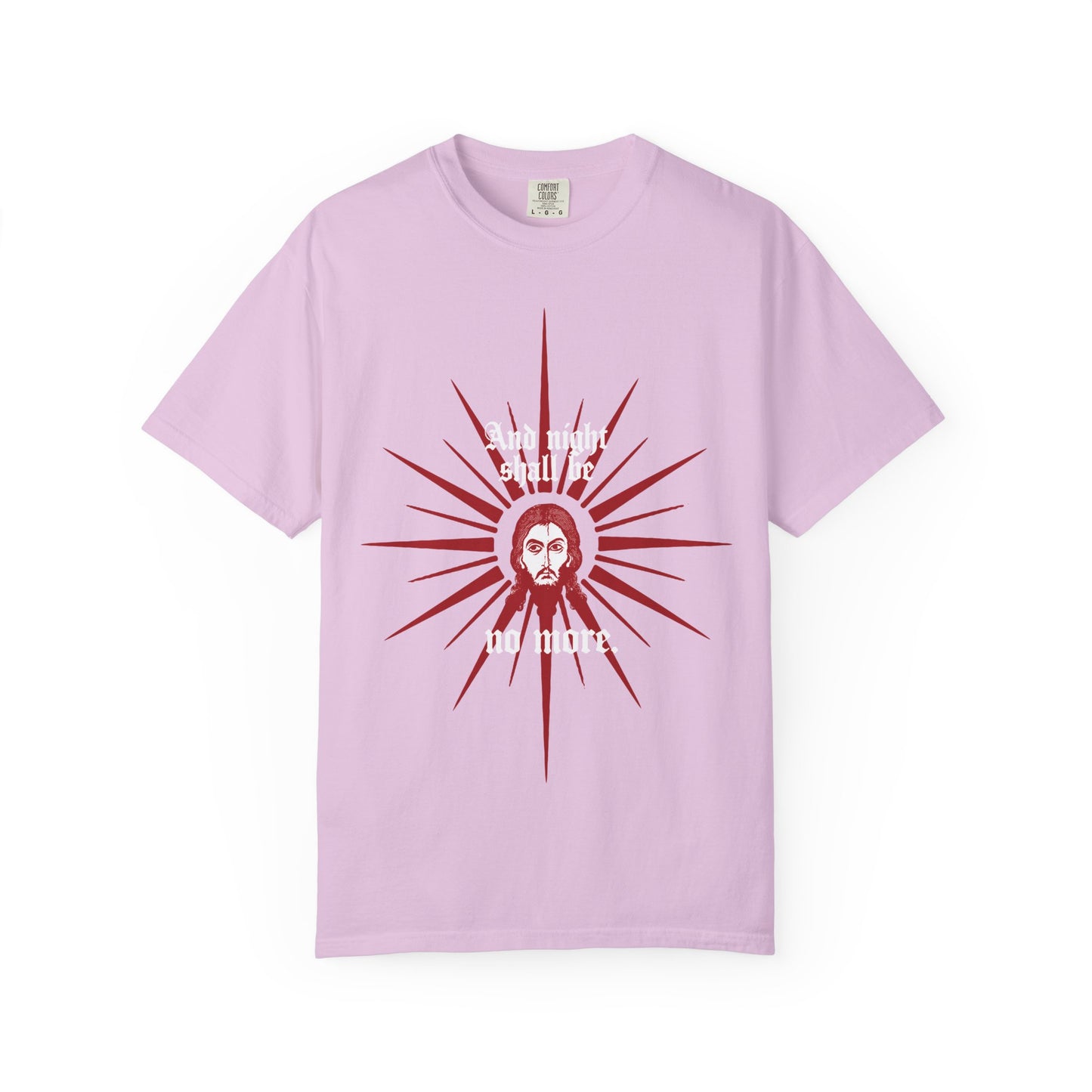And Night Shall Be No More (Rev 22:5) | Red & White Design | Face of Jesus Christ Icono-Graphic | Orthodox Heavyweight Cotton Unisex Tee