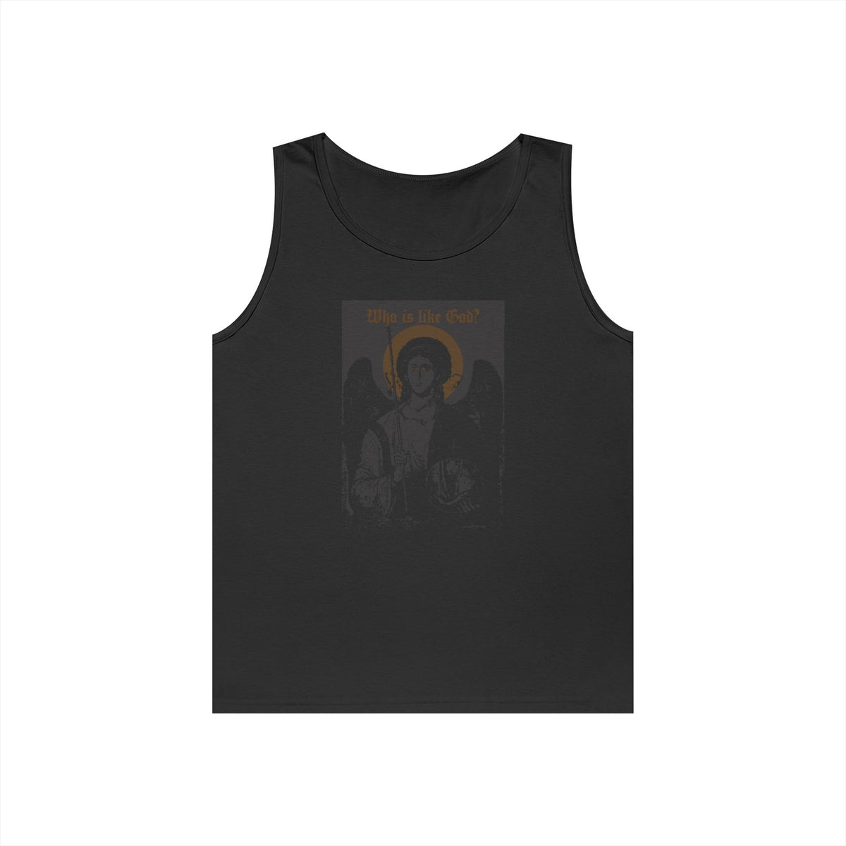 Black cotton tank top featuring a bronze “Who Is Like God?” Archangel Michael icono-graphic and cross on the front left breast, inspired by Orthodox Christian tradition and goth aesthetics.