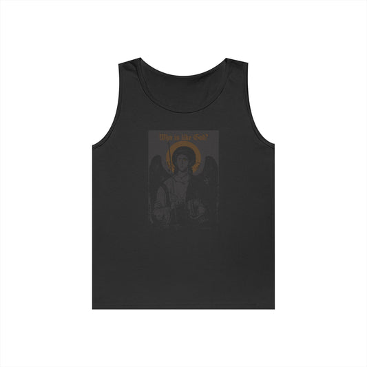 Black cotton tank top featuring a bronze “Who Is Like God?” Archangel Michael icono-graphic and cross on the front left breast, inspired by Orthodox Christian tradition and goth aesthetics.