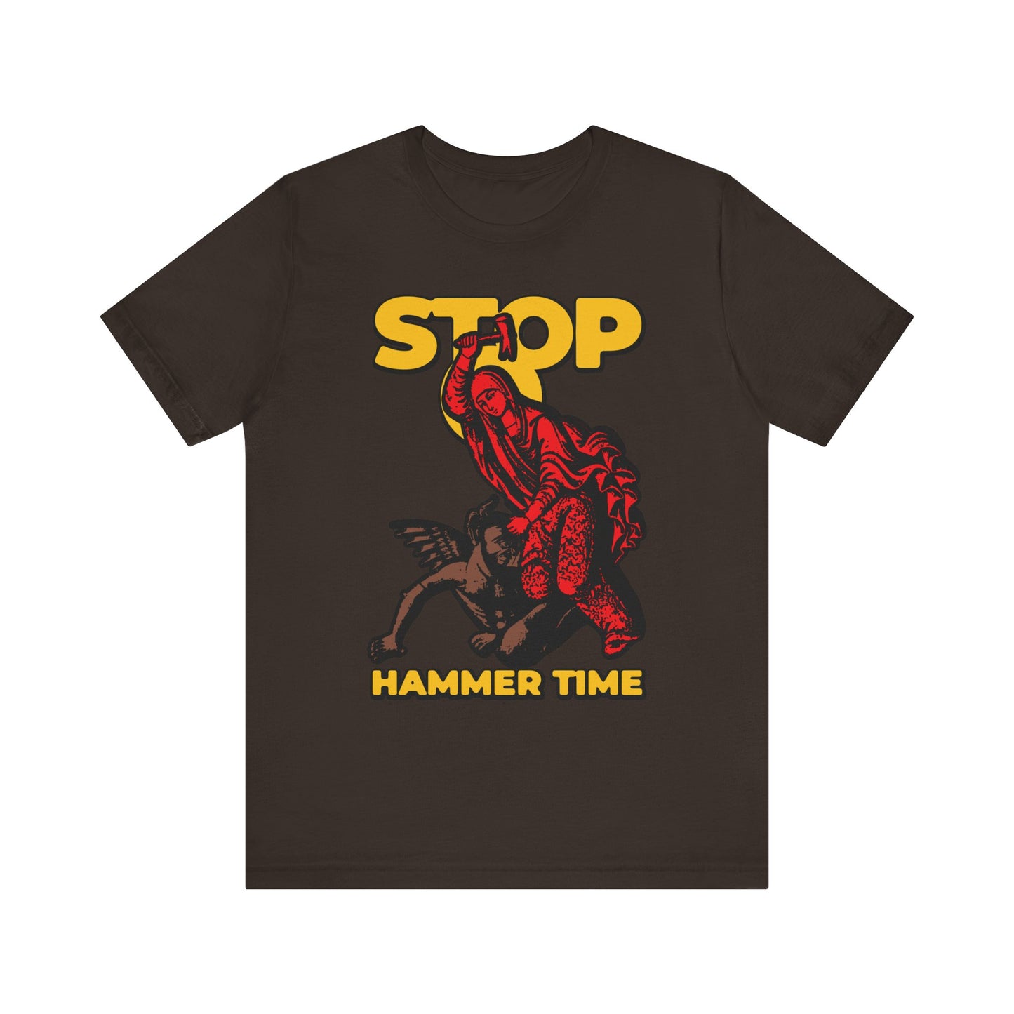 Brown lightweight cotton unisex t-shirt featuring a red, blue, and yellow image of St Marina of Antioch beating the devil with a hammer above another figure in vintage style, with the phrase "Stop, Hammer Time"—an Orthodox meme capturing the bold spirit reminiscent of saints’ lives or Christian martyrdom.