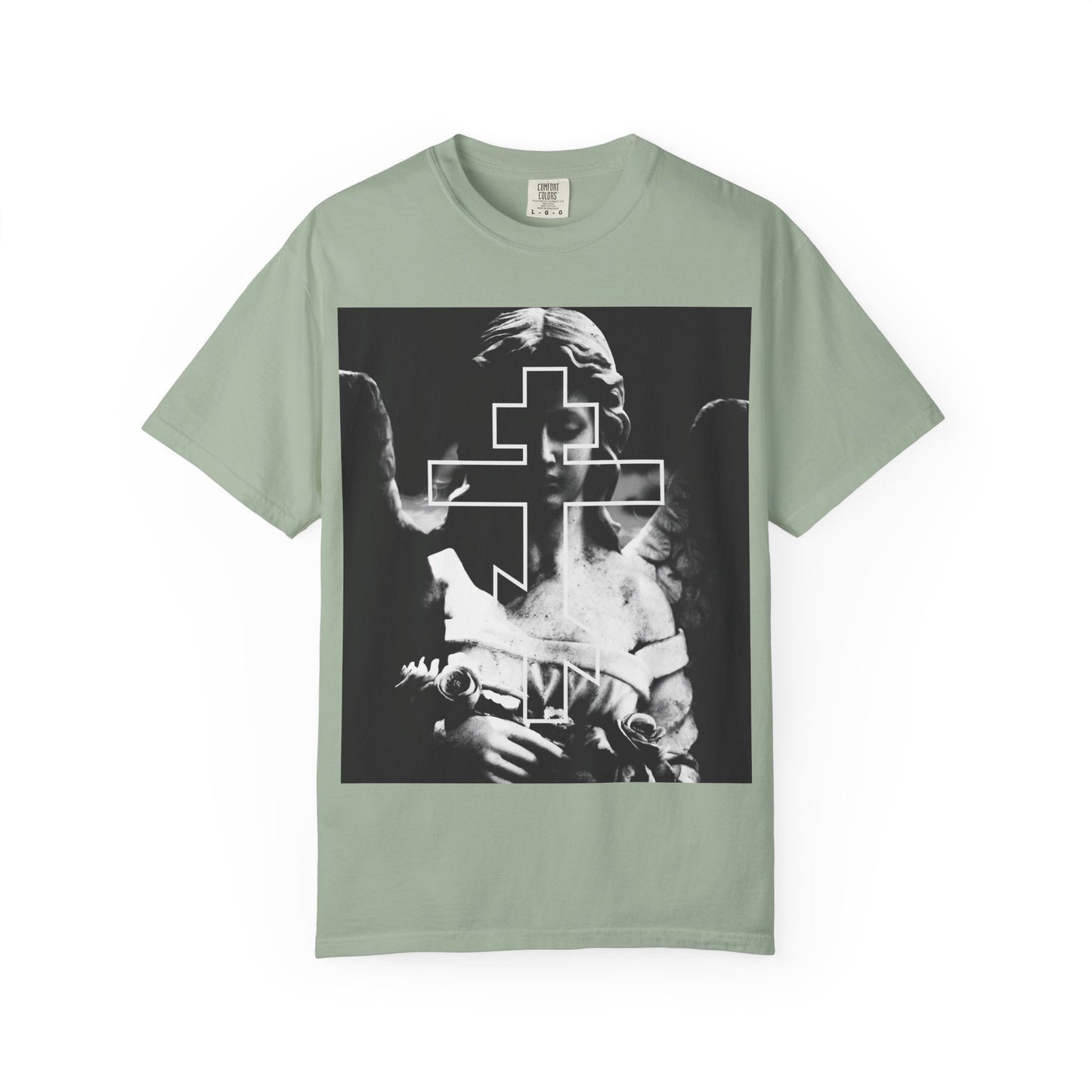 Bay-colored heavyweight cotton tee with grayscale goth aesthetic, featuring an angel statue and Orthodox cross. Inspired by memento mori—perfect for those drawn to sacred themes. Unisex fit: Cemetery Angel Orthodox Cross design.