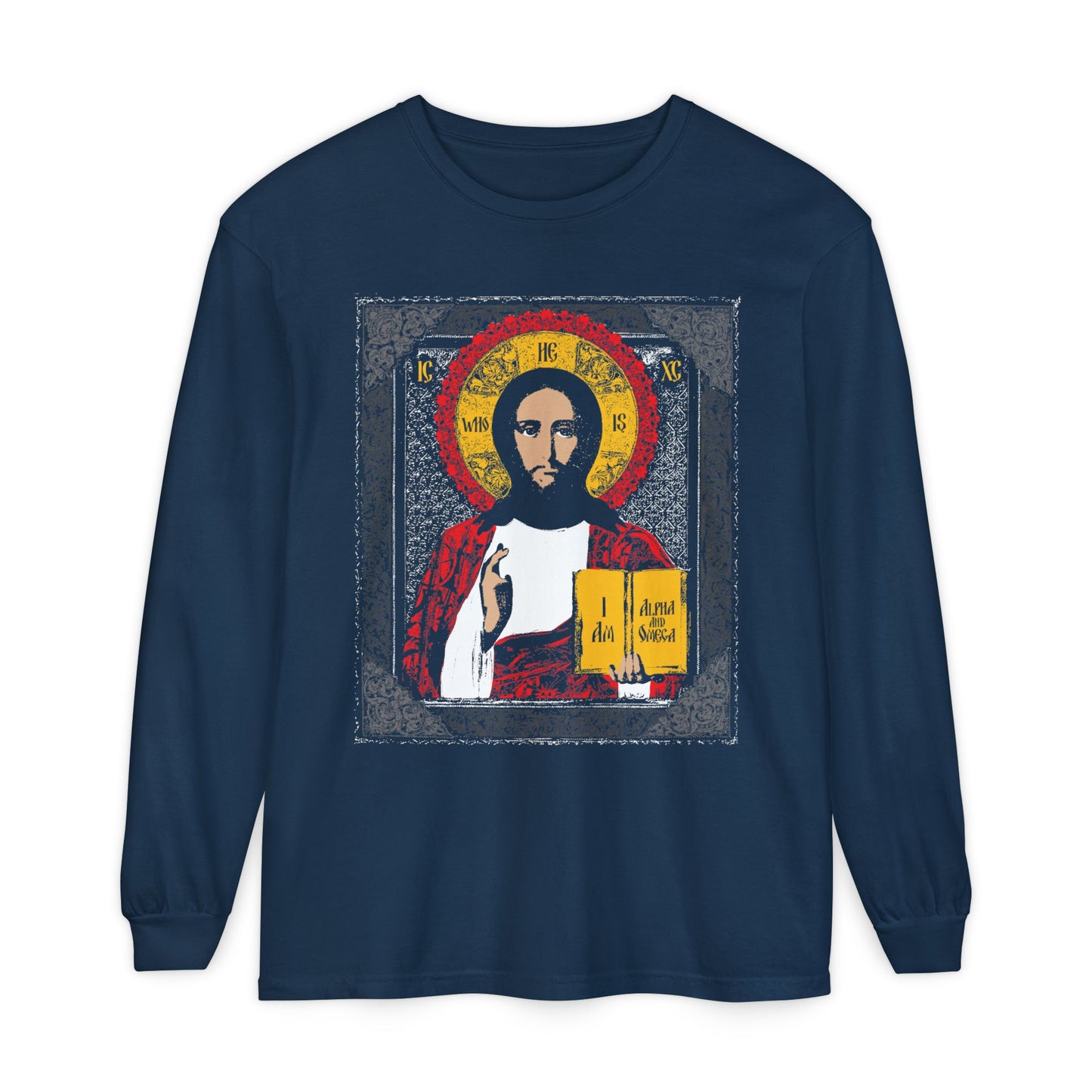True Navy long-sleeve cotton shirt featuring a Christ Pantocrator icon graphic with "He-Who-Is" and "I Am the Alpha and Omega," inspired by ancient Orthodox design.