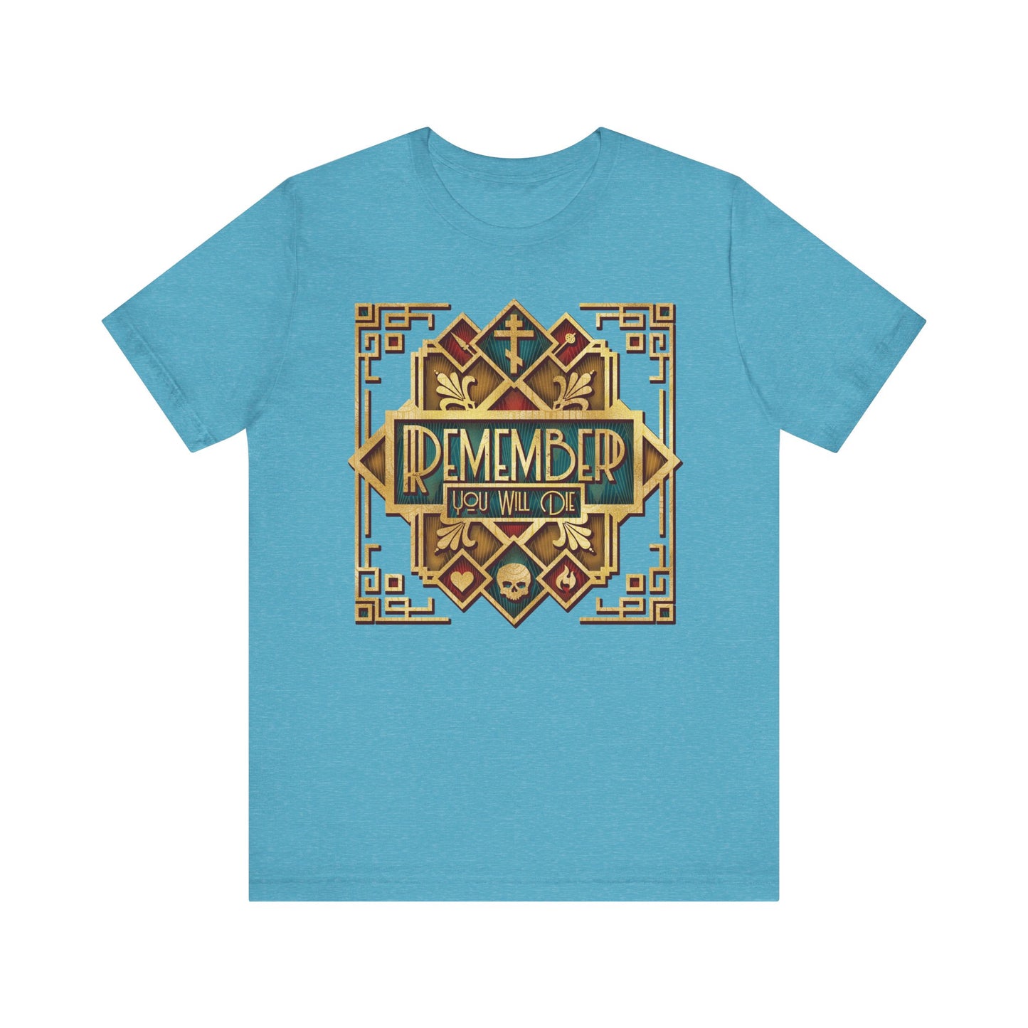 Heather aqua t-shirt featuring a metallic art deco frame with "Remember You Will Die" text and a small skull at the bottom—a subtle nod to The Art of Salvation and reflections on eternal life; Orthodox Christian lightweight cotton unisex style.