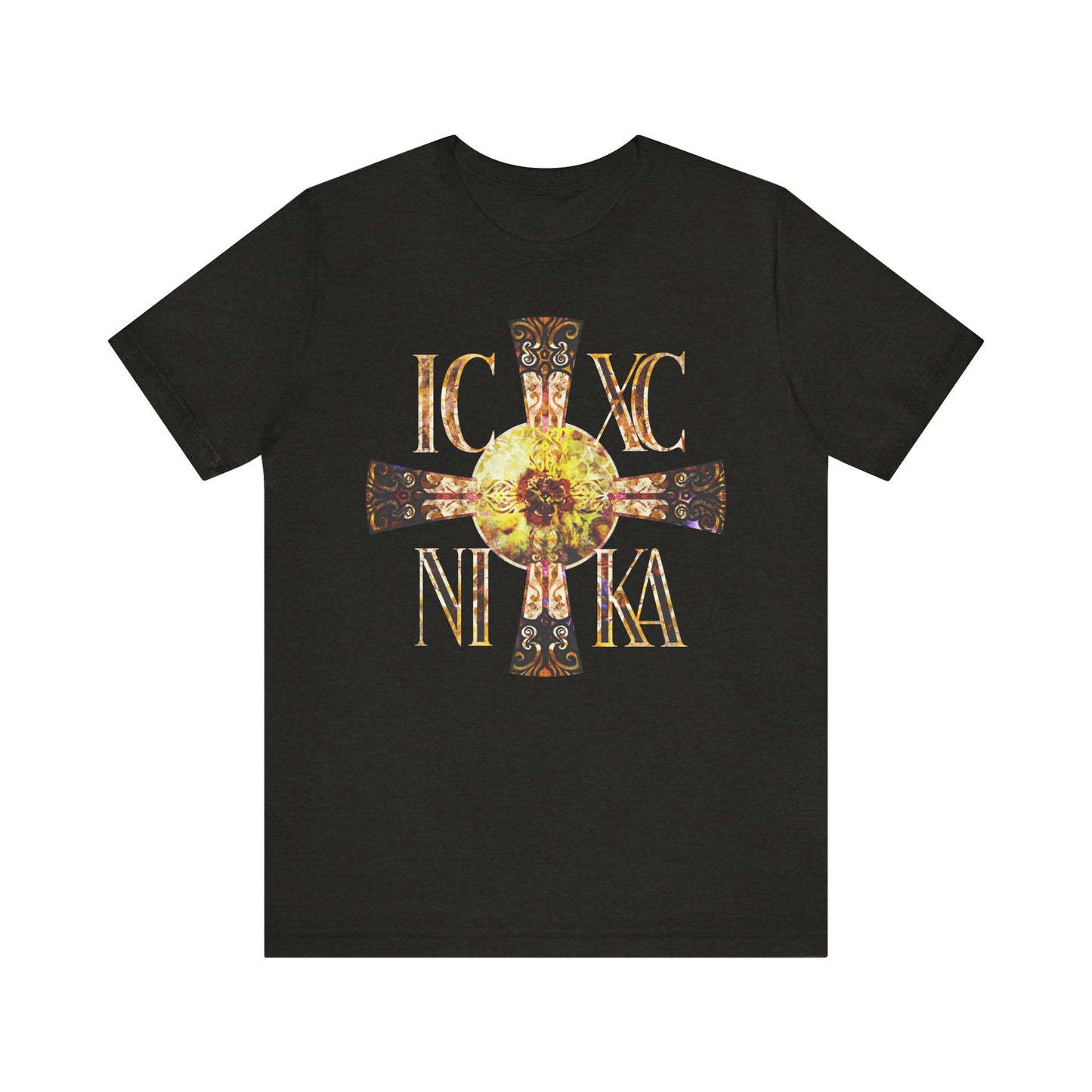 The Black Heather ICXC NIKA Celtic Style Equal Armed Cross tee features gold Greek letters and a bright solar texture, symbolizing Christ’s victory, with radiant accents on lightweight Orthodox cotton.
