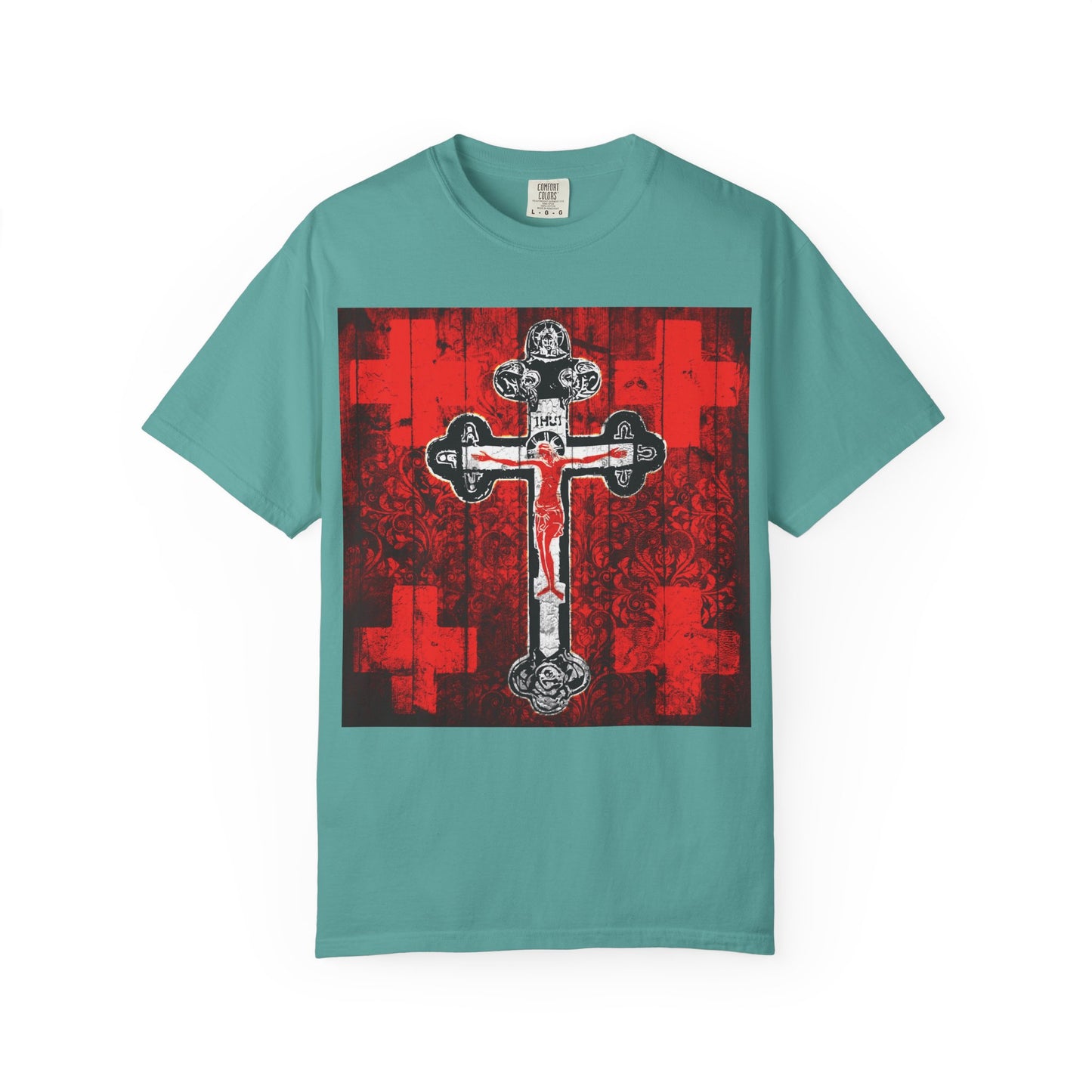 Seafoam T-shirt featuring the Alpha & Omega Art Cross—a striking red, white, and black Orthodox Christian crucifix iconographic design inspired by the Adoration of the Precious and Life-Giving Cross during Great Lent—printed boldly on the front.
