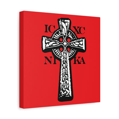 The ICXC NIKA Celtic Knotwork Cross features a black and white cross with red accents on a red background, Greek letters, and symbolizes Christ's victory and salvation in traditional Orthodox Christian wall art.