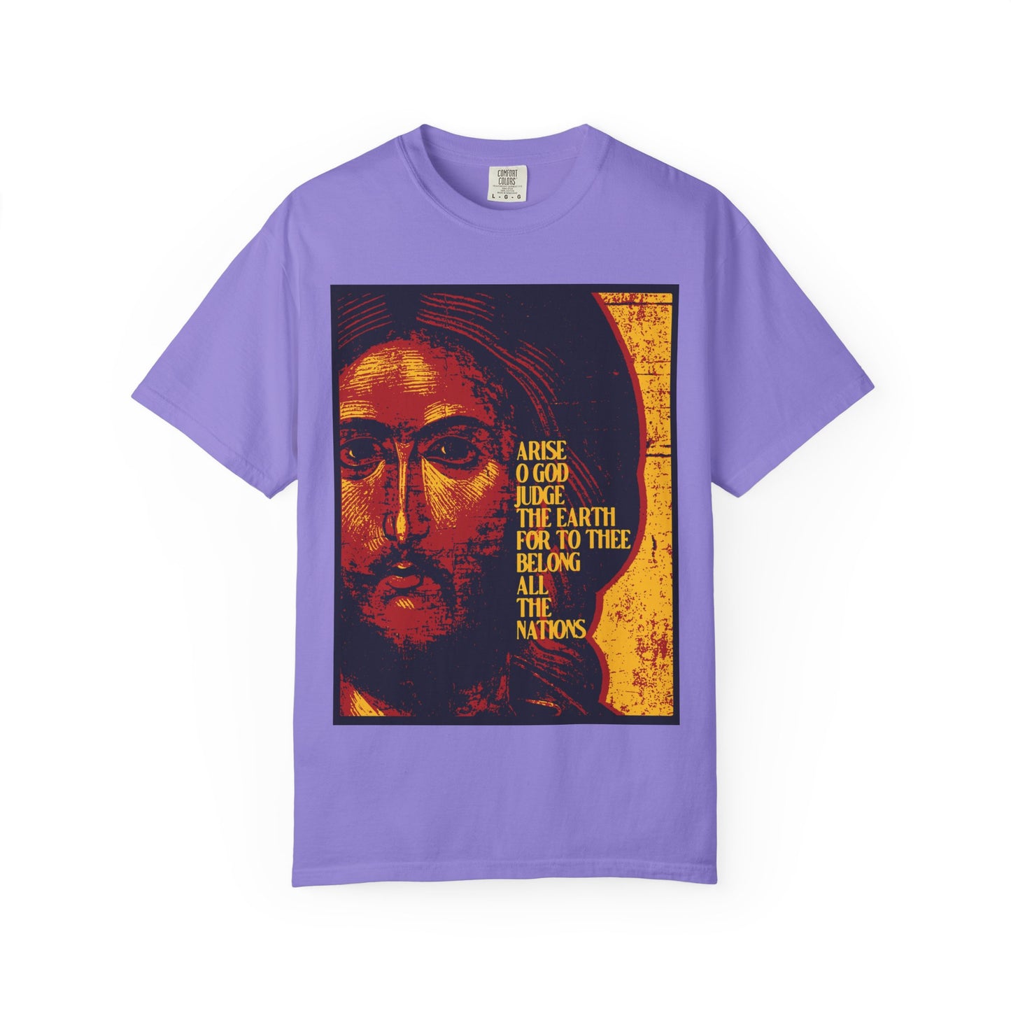 Violet “Arise, O God, Judge the Earth” heavyweight cotton unisex T-shirt featuring a posterized Jesus Christ IconoGraphic and bold yellow text inspired by Psalm 81: “Arise O God, judge the earth, for to thee belong all nations.” Orthodox Christian design.