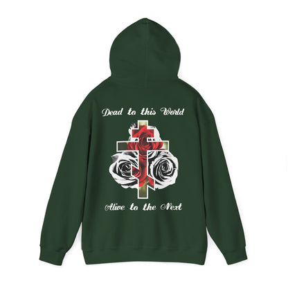 Dead to This World Alive to the Next Orthodox Cross & Gothic Rose BACK PRINT w/ Embroidered White Cross on Front Left Breast | Christian Hoodie