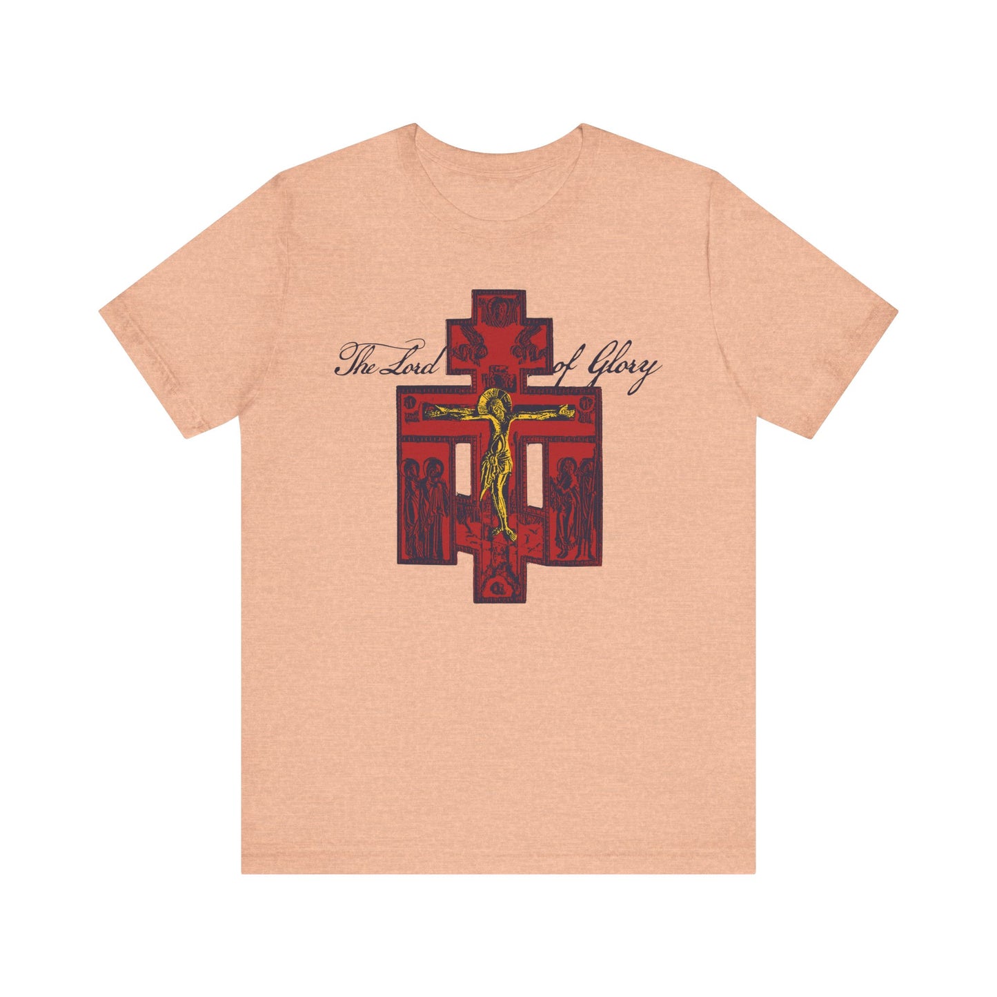 Heather peach lightweight cotton unisex tee featuring a Russian Golgotha crucifix iconographic design, “The Lord of Glory” script, and 1 Corinthians 2:8—an inspiring Orthodox Christian shirt reflecting the wisdom of God.