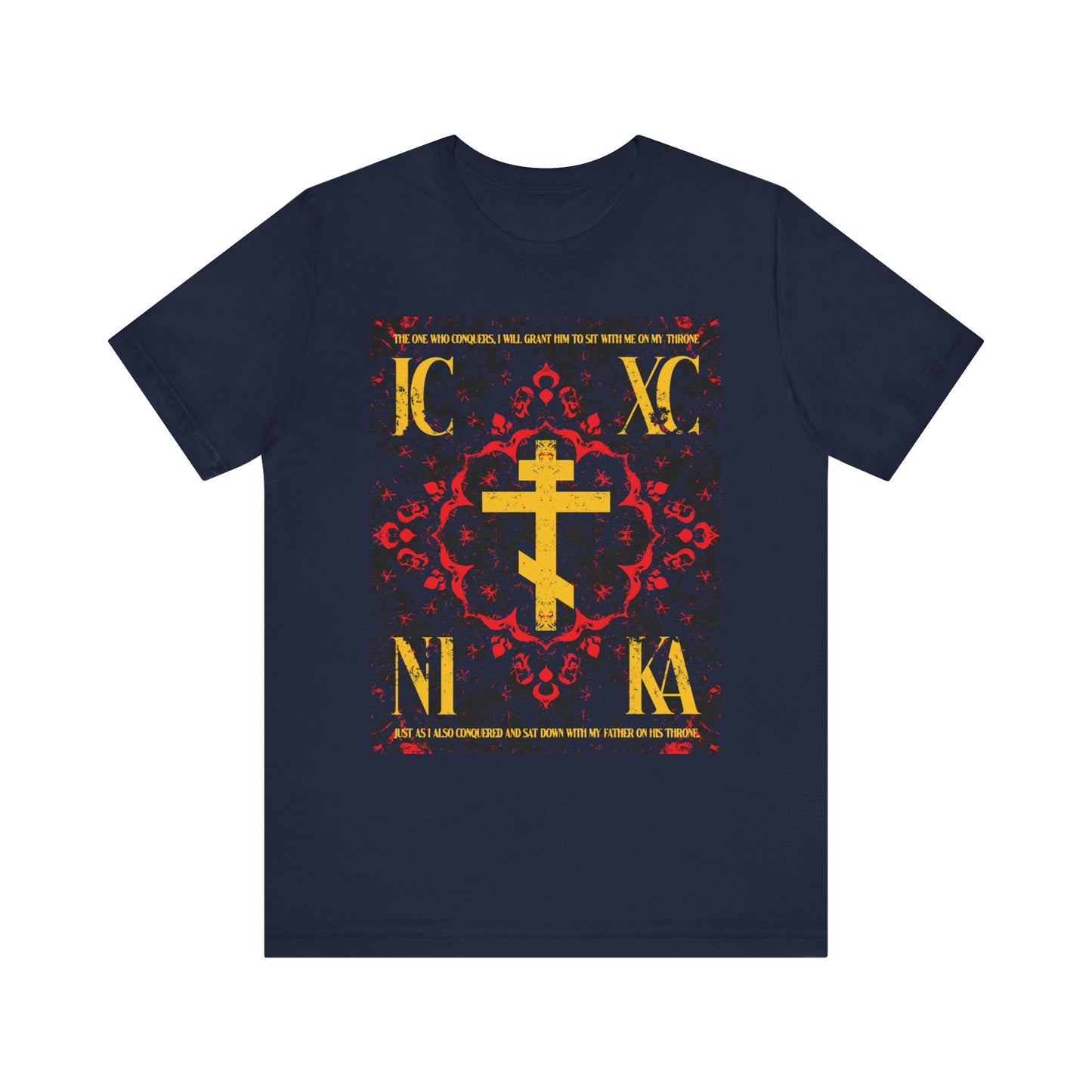 Navy IC XC NIKA Orthodox Cross t-shirt featuring a medieval floral design, gold cross, red and yellow accents, and "The One Who Conquers" from Revelation 3:21. Lightweight cotton unisex fit.