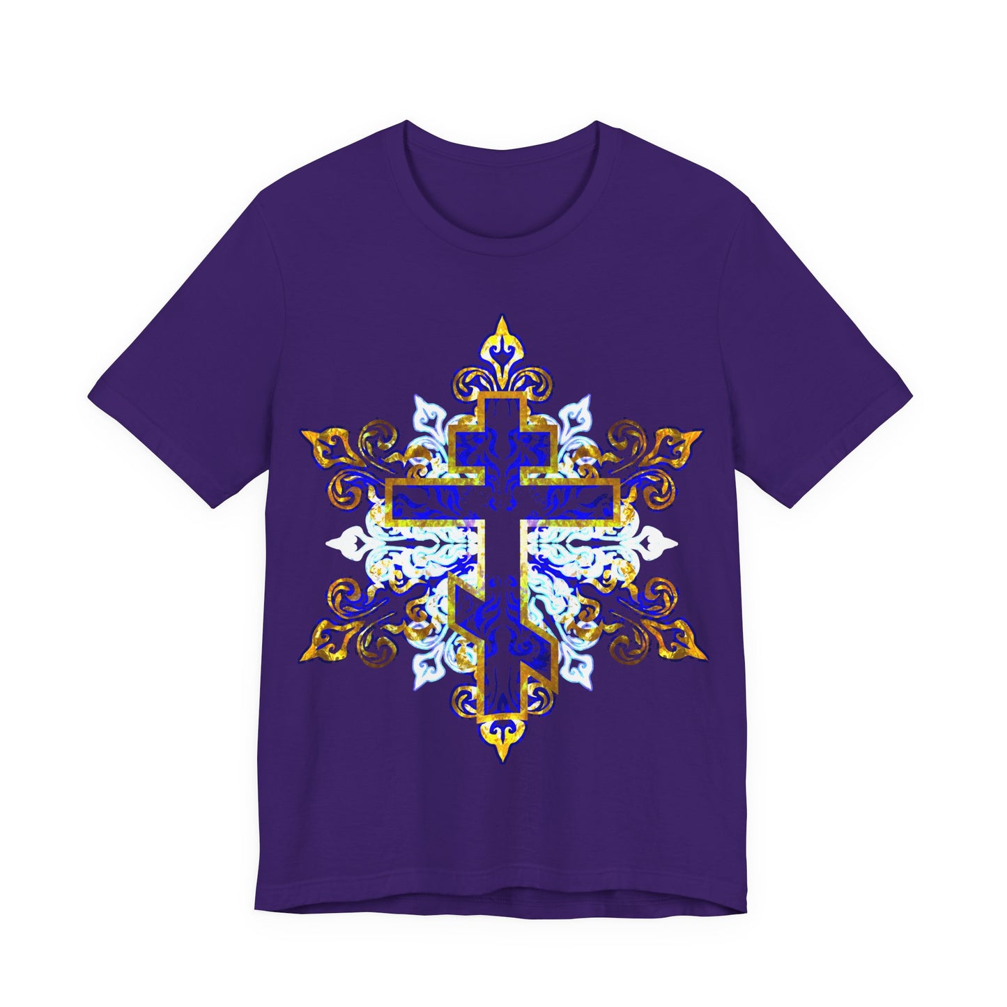 Ornate Glowing Blue White & Gold Cross | Medieval Filigree Design | Orthodox Christian Cotton Unisex T-Shirt
