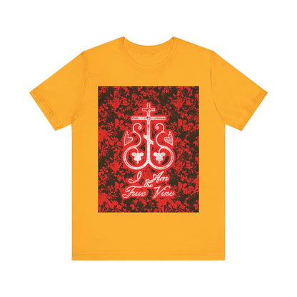 I Am the True Vine (John 15:1) | Orthodox Cross Vine Monogram | Red and Black Floral Design | Orthodox Christian T-Shirt