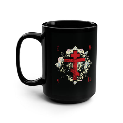 The "ICXC NIKA Means Jesus Christ Conquers" black mug features a textured red Orthodox cross with a medieval floral background and gold accents—an inspiring reminder of spiritual victory in the Orthodox Christian faith.