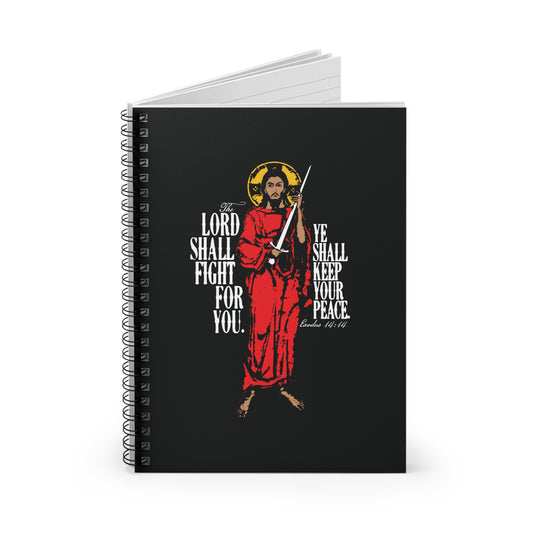 The Lord Shall Fight For You (Exodus 14:14) spiral notebook features a Jesus Christ with sword iconographic design and Bible verse—a bold symbol of faith and salvation inspired by St. Ambrose of Milan.