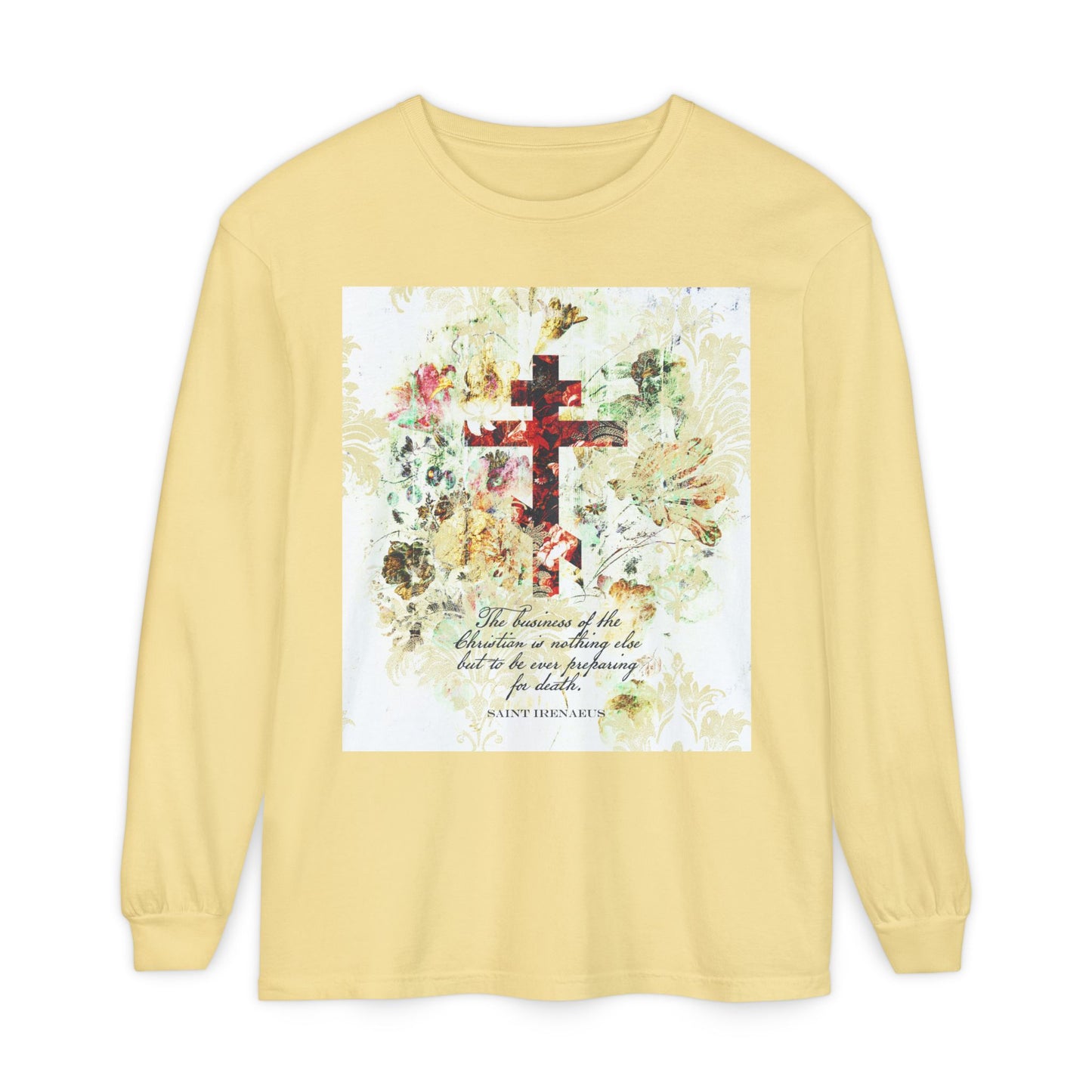 Preparing For Death | White & Beige Floral Scrapbook Texture Cross | Arts & Crafts Style | St Irenaeus | Orthodox Christian Long Sleeve Shirt