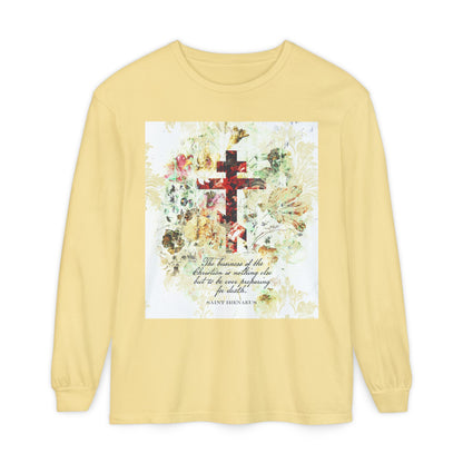 Preparing For Death | White & Beige Floral Scrapbook Texture Cross | Arts & Crafts Style | St Irenaeus | Orthodox Christian Long Sleeve Shirt