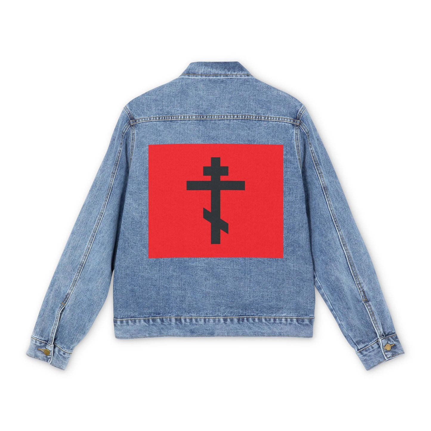 Medium denim wash jean jacket featuring a black Orthodox cross on a red background, inspired by Galatians 6:14—“May I Never Boast Except in the Cross of Our Lord Jesus Christ.”.