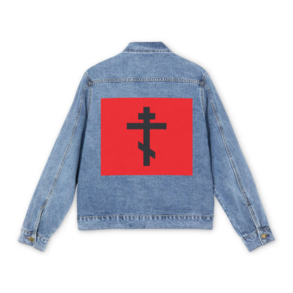 Medium denim wash jean jacket featuring a black Orthodox cross on a red background, inspired by Galatians 6:14—“May I Never Boast Except in the Cross of Our Lord Jesus Christ.”.