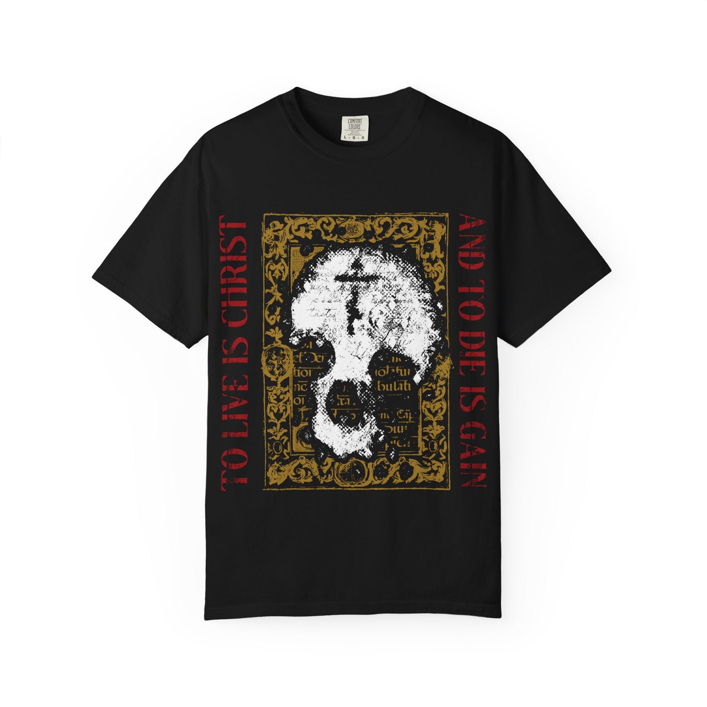 To Live is Christ, to Die is Gain (Philippians 1:21) | Skull with Cross on Gold Manuscript Texture | Heavyweight Cotton Unisex Orthodox T-Shirt
