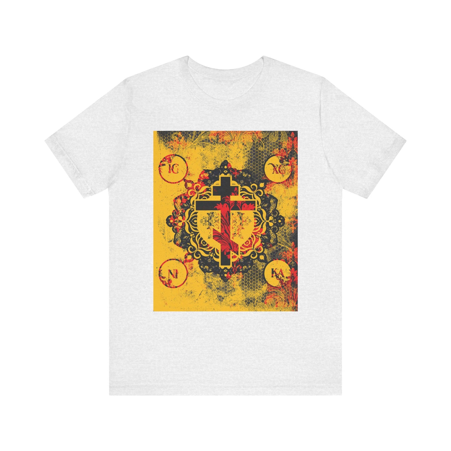Ash-colored unisex T-shirt with IC XC NIKA Orthodox cross in yellow and red, blending modern and medieval floral design, inspired by the mystery of the Cross and Christ’s sacrifice. Lightweight cotton for comfort.