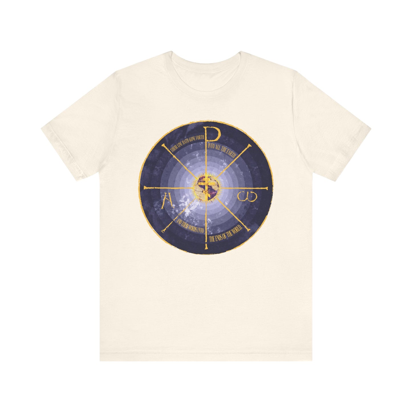 Natural-colored unisex tee with a blue and yellow medieval-style geocentric cross, Alpha & Omega, and a central Chi Rho Christogram. Orthodox Christian lightweight cotton shirt with Greek letters and symbols.