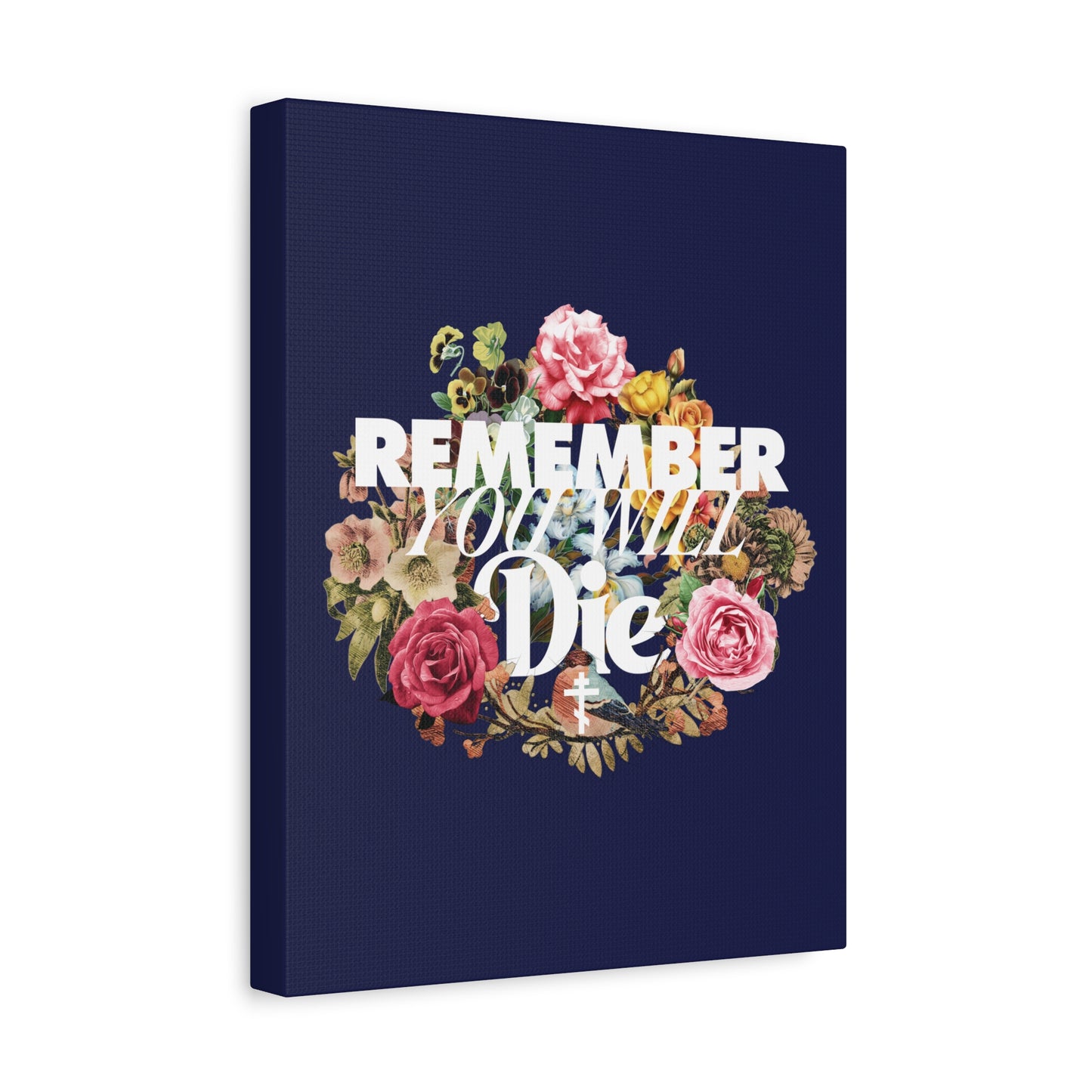 Dark blue canvas featuring "Remember You Will Die" in classic typography surrounded by a floral wreath and cross—a memento mori Orthodox Christian wall art inspired by soul impressions of St Ignatius Brianchaninov.