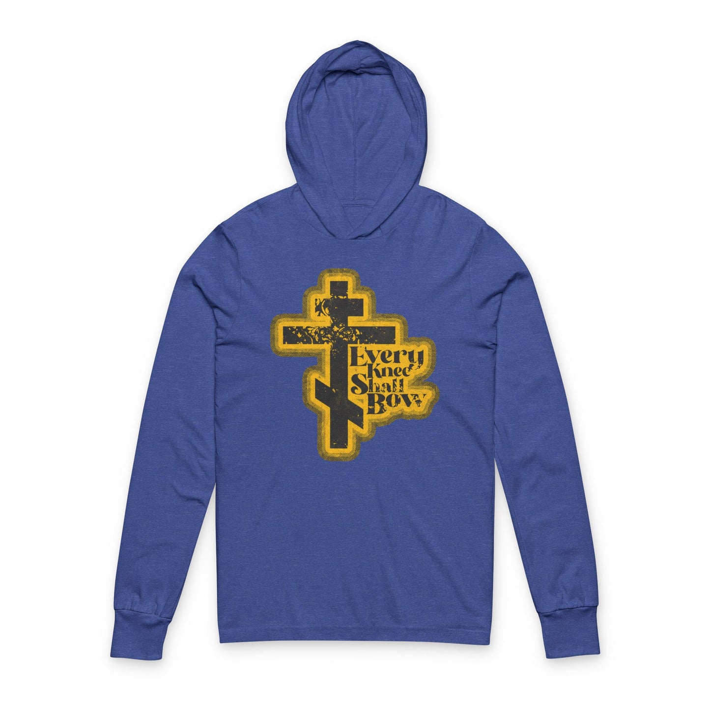 Heather True Royal hoodie featuring a 70s distressed halftone comic book gold cross design and “Every Knee Shall Bow” on the front, inspired by Philippians 2:10-11 and Isaiah 45:23. Orthodox Christian hooded shirt.