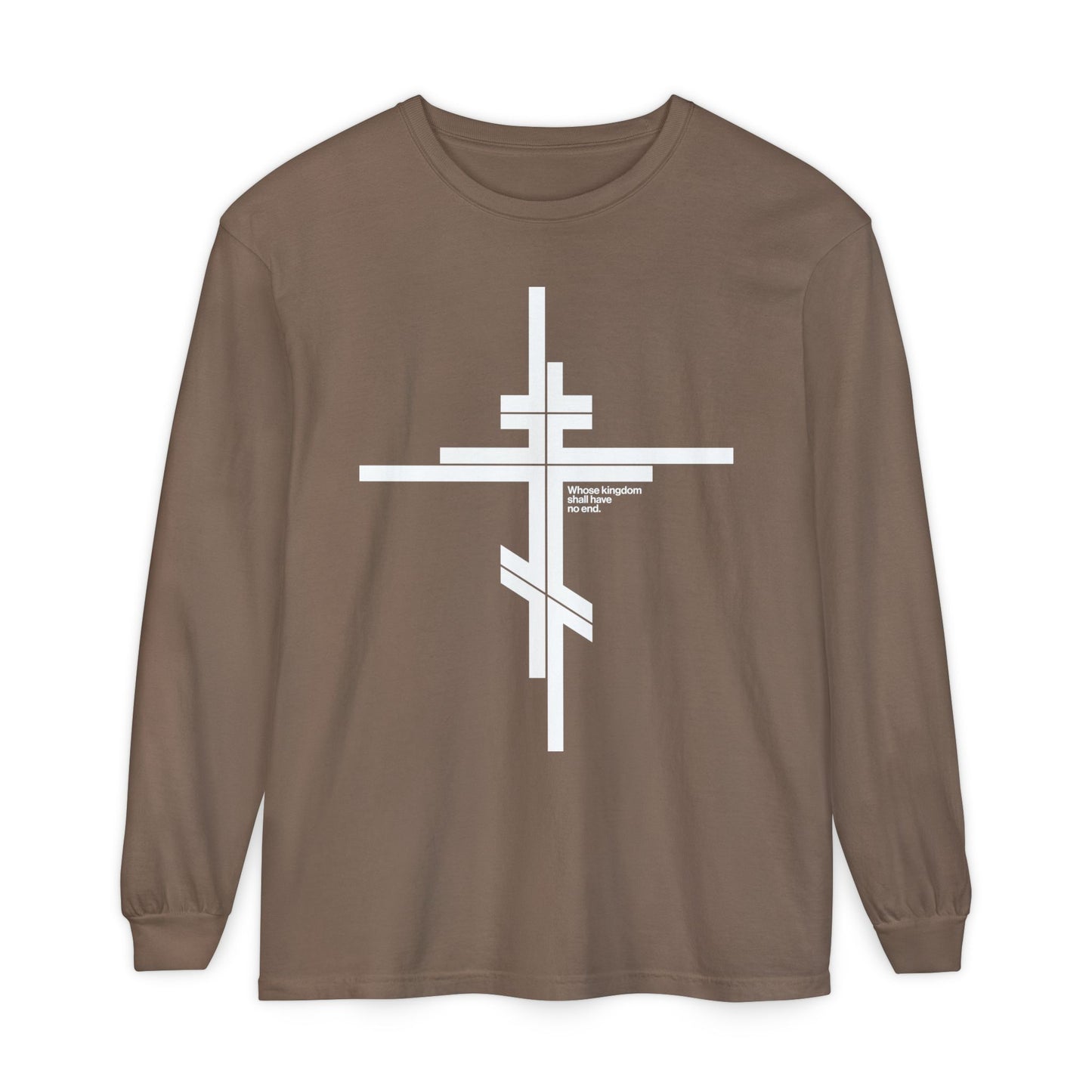 Whose Kingdom Shall Have No End | Luke 1:32-33 | Orthodox Cross | Modernist Minimalist Logo Style | Orthodox Long Sleeve Cotton Shirt