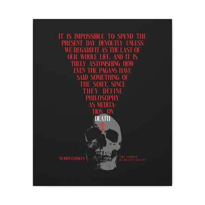 The Present Day As the Last Day of Our Life canvas wall art features a skull with a red Orthodox cross on black, inspired by St John Climacus and the memento mori tradition, exploring philosophy and reflection on mortality.