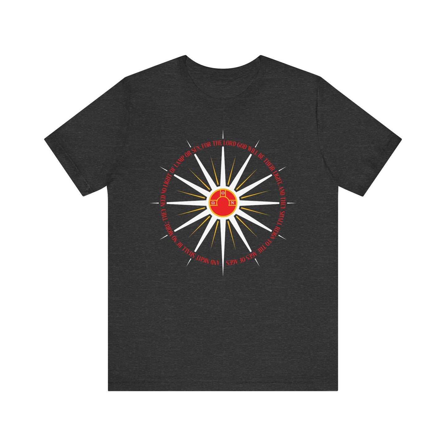 Dark Grey Heather t-shirt featuring blazing sun rays and a red house at the center, with red text inspired by St Nikolai Velimirovic. “And Night Shall Be No More” (Rev. 22:5). Orthodox Christian, lightweight cotton.