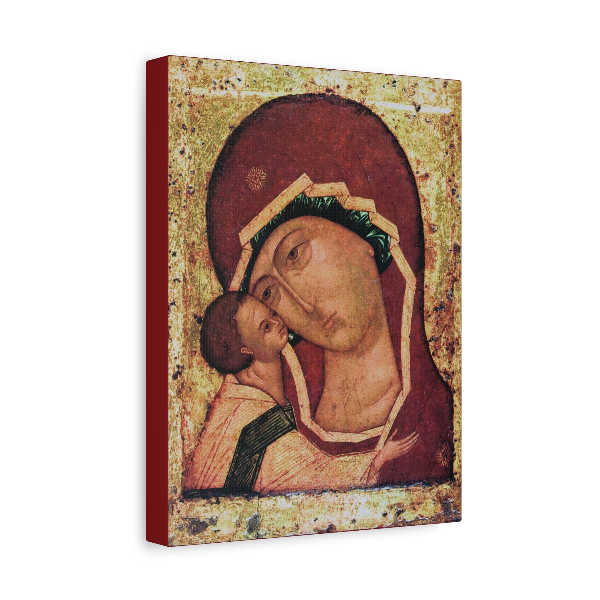Inspired by the Igorevskaya Russian Icon of the Mother of God, this religious canvas wall art depicts a woman in a red veil holding a child, both with halos, set against a decorated background in the Theotokos Tenderness (Eleusa) Orthodox Christian style.