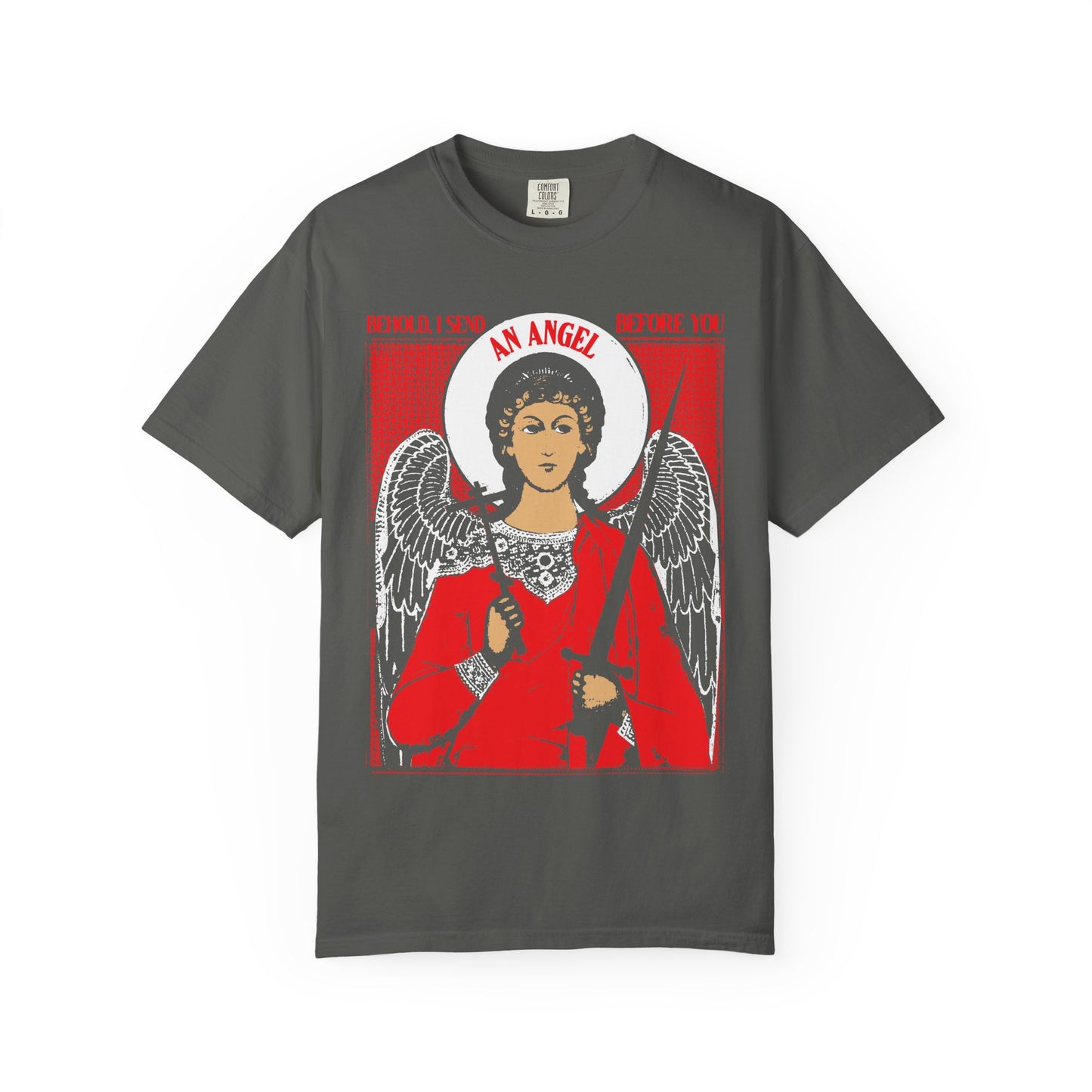 Pepper-colored “Behold I Send an Angel Before You (Ex 23:20)” Orthodox Heavyweight Cotton Unisex Tee featuring a graphic of a guardian angel in red clothing, with wings and a white halo, holding a cross and sword—a meaningful symbol of divine protection and the perfect Christian gift.