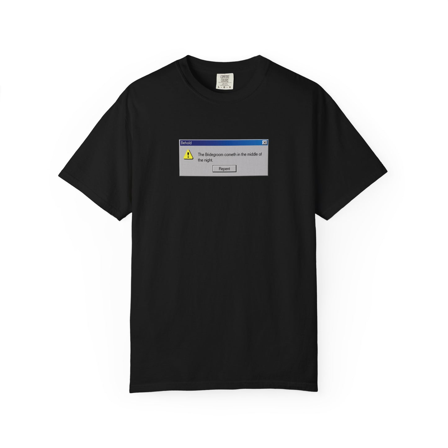 Black “Behold the Bridegroom” Windows Error Message T-shirt, featuring a retro computer error box with the message “Repent Now”—perfect for Orthodox Christians or anyone who loves bold statements on heavyweight cotton.