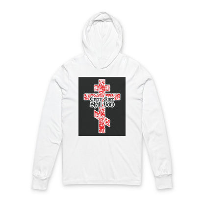 White hooded shirt featuring a gold and red floral texture Orthodox cross with Gothic “Every Knee Shall Bow” text, inspired by Isaiah 45:22-24 and Philippians 2:7-11.