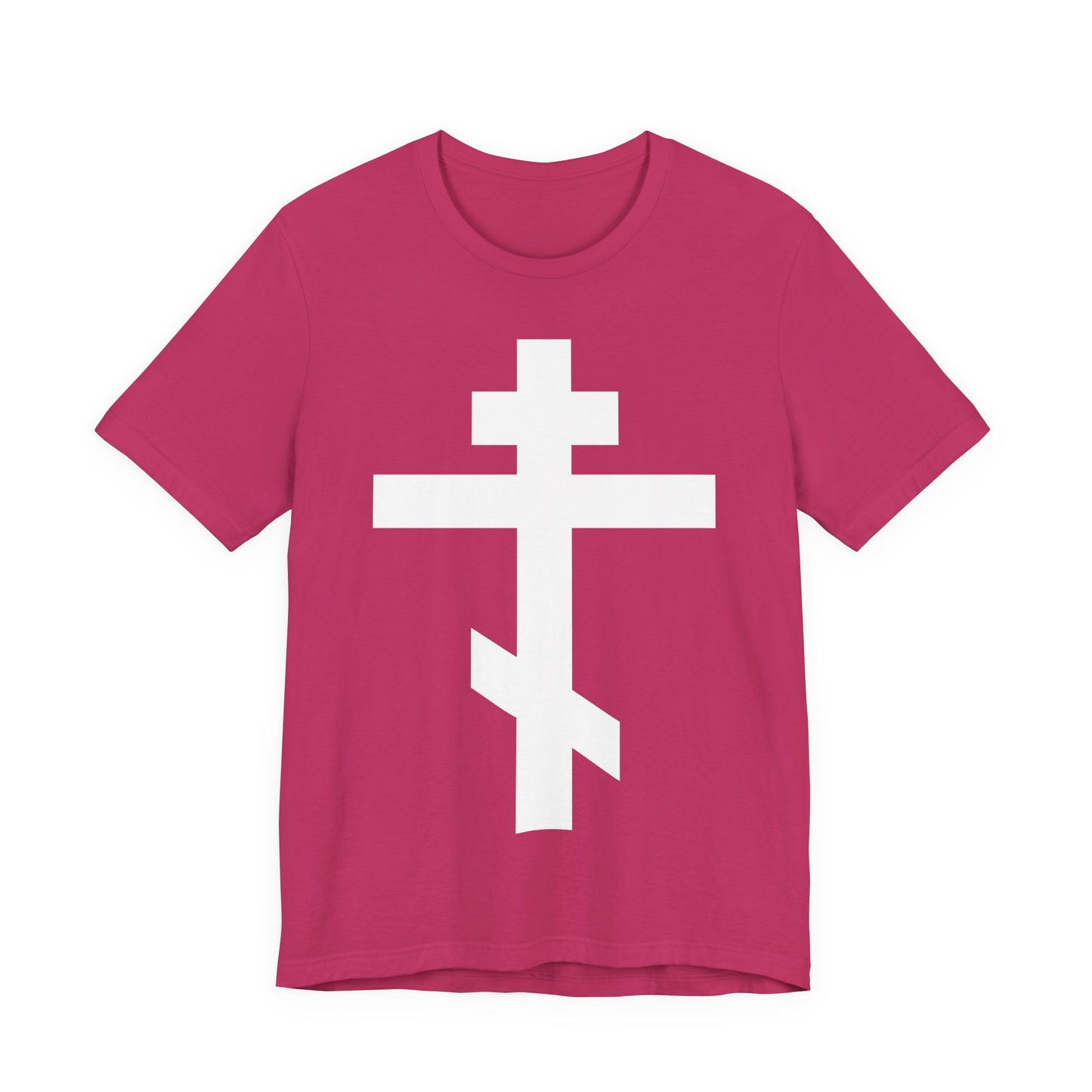 Berry Orthodox Christian Unisex Tee featuring a large white Orthodox cross and the message: "May I never boast, except in the cross of our Lord Jesus Christ" (Gal 6:14).