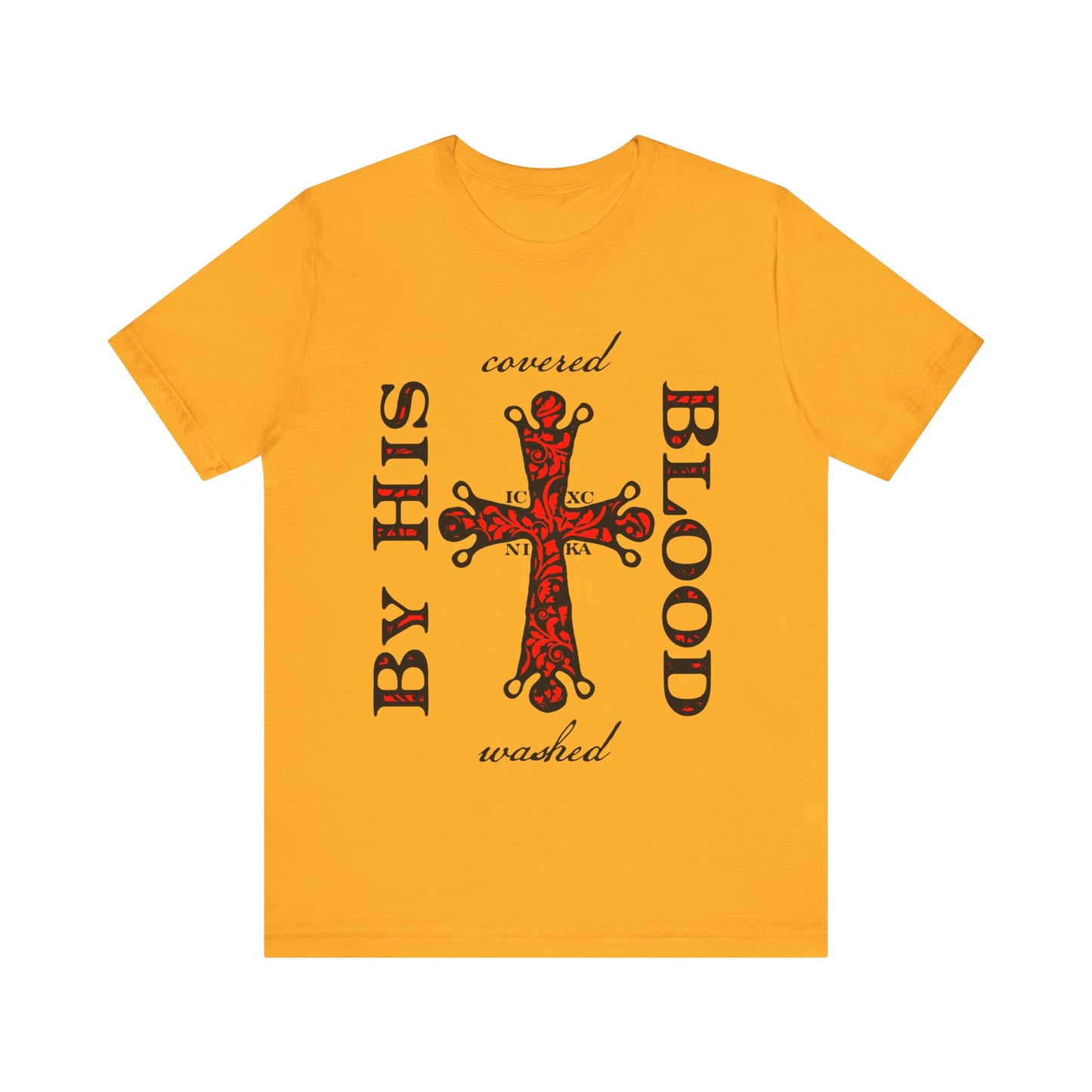 Washed/Covered By His Blood (1 John 1:7) | ICXC NIKA Ornate Red Orthodox Cross | Orthodox Christian Cotton T-Shirt