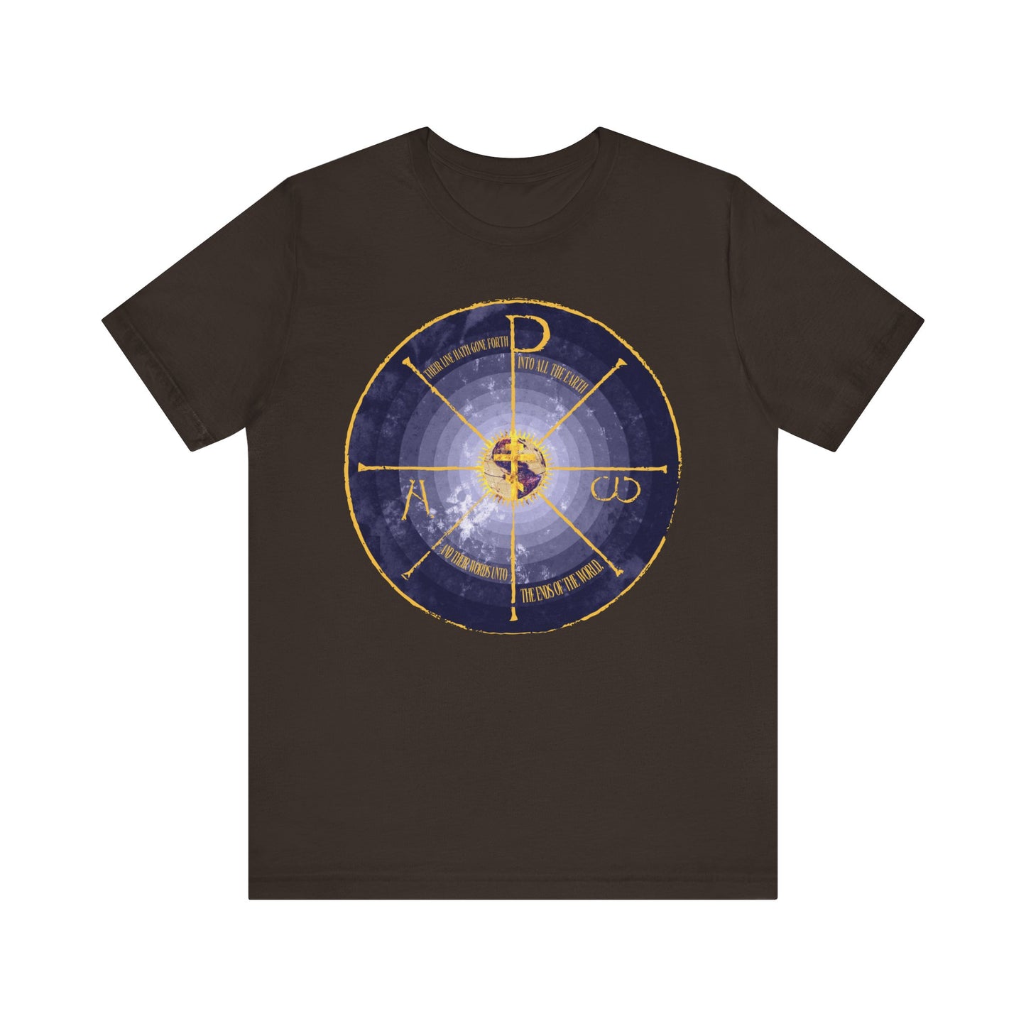 Brown t-shirt featuring a geocentric cross and Chi Rho design in blue and yellow with Greek letters, Alpha & Omega symbols, and radiant medieval-style graphics. Lightweight cotton, unisex Orthodox Christian tee.