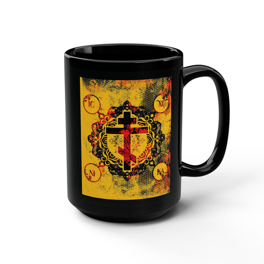 IC XC NIKA Orthodox Cross | Yellow & Red Modern & Medieval Textured Floral Design | Orthodox Christian Black Mug