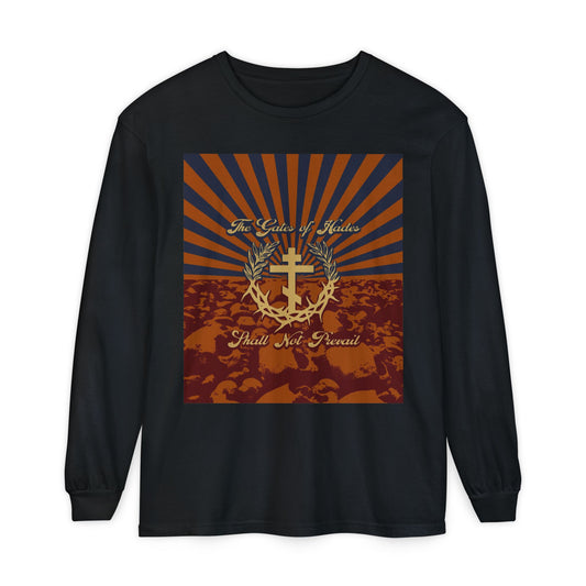 The Gates of Hades Shall Not Prevail | Cross with Wreath & Crown of Thorns | Skulls and Rays | Orthodox Christian Long Sleeve Shirt
