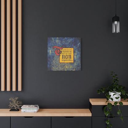 The Quality of Your Life Depends on What You Make Non-Negotiable" Christian wall art hangs above a modern cabinet and plant, making a bold motivational statement and inspiring uncompromising faith in your space.