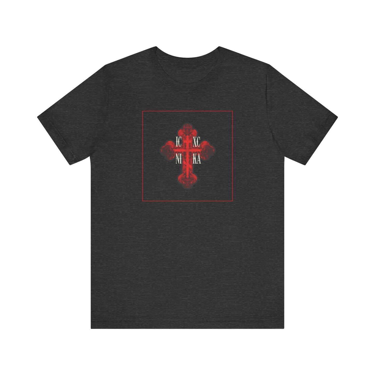 Dark Grey Heather unisex tee with a red, ornate ICXC NIKA Orthodox Cross and Greek letters, symbolizing salvation. Lightweight cotton and textured design for a meaningful Christian look.