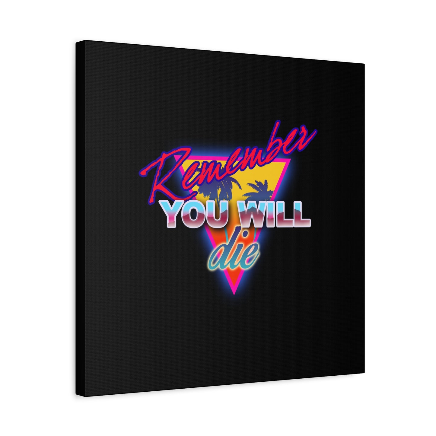 The "Remember You Will Die Palm Tree 80s Retro Synthwave Style" canvas features neon text, palm trees, and vibrant shapes, blending Memento Mori and St. John Climacus’s themes in nostalgic Orthodox Christian wall art.