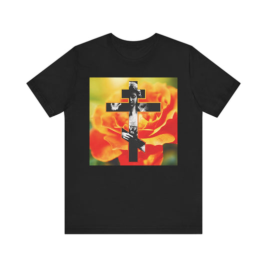 Black "Cemetery Statue Angel Cross on Orange Rose" tee—Orthodox Christian lightweight cotton unisex shirt in black, featuring a striking angel cross and orange rose design. Memento Mori: Remember You Will Die.