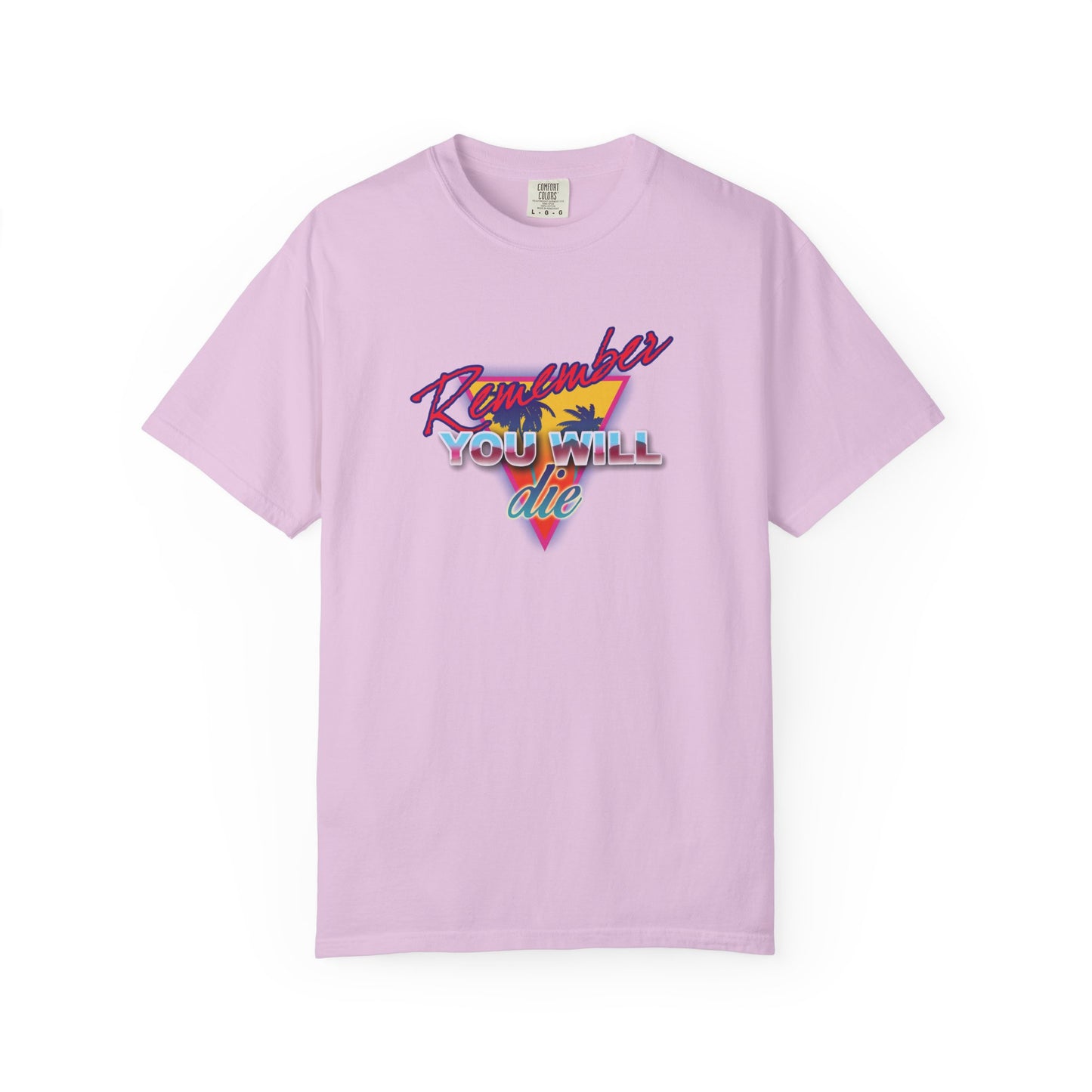Orchid heavyweight cotton unisex tee featuring “Remember You Will Die” in bold 80s retro synthwave text with palm tree, inspired by memento mori themes from St. John Climacus’s The Ladder of Divine Ascent.
